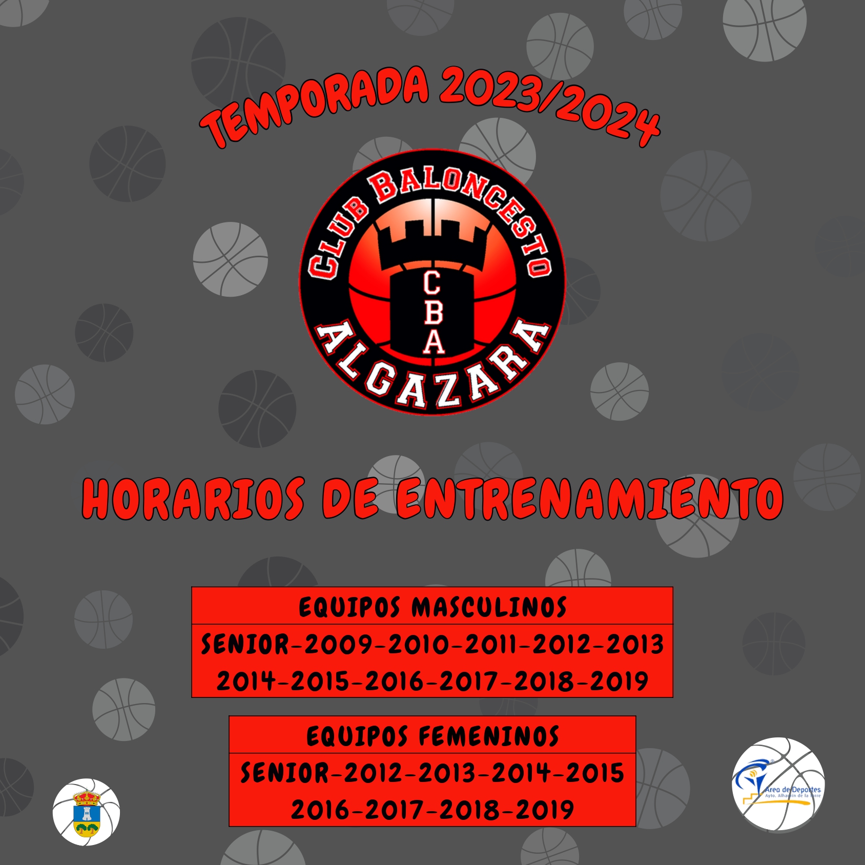 HORARIOS DE LOS EQUIPOS DEL CB ALGAZARA PARA LA TEMPORADA 23/24